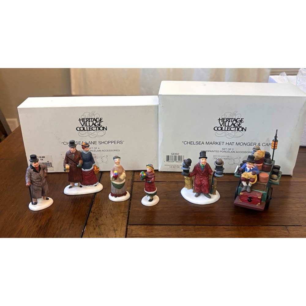 Dept 56 Dickens Village Chelsea Lane Shoppers & Hat Monger Cart Set #58390 58392